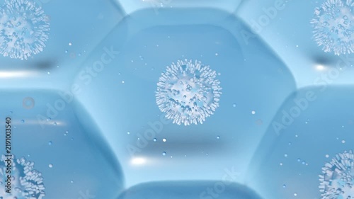 A stylized 3D inner spherical cell with textured surface receptors floats inside a translucent hexagonal blue host cell surrounded by drifting particles.
