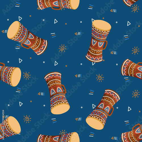 Tifa traditional Papuan drum seamless pattern, ethnic Indonesian music instrument digital illustration background