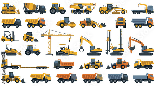 Bild auf Leinwand Construction machinery large yellow flat vector set on white background