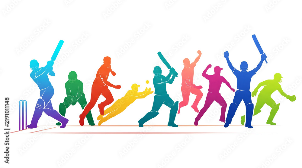 Fototapeta premium Colorful cricket players silhouette illustration PNG, cricket batting, cricket bowling, Colorful sports illustration PNG, Colorful olympics PNG, sports graphic PNG, cricketer silhouette, batsman png.