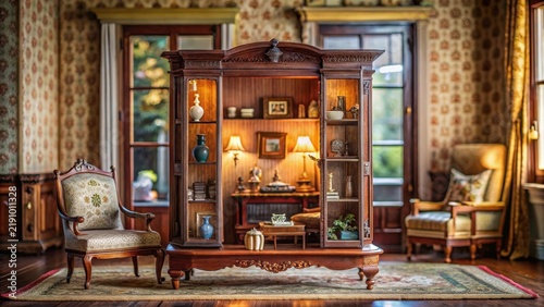 A diminutive dollhouse sprawls on a velvet cloth nestled within an exquisite antique cabinet