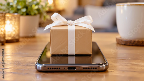 Small Gift Box with White Ribbon on Smartphone Screen on Wooden Table for Online Shopping, Delivery, and Holiday Promotion Concept