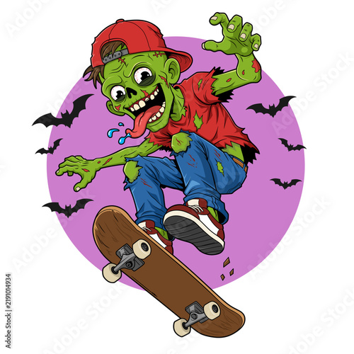 Cool zombie boy riding a board with bats halloween vector illustration