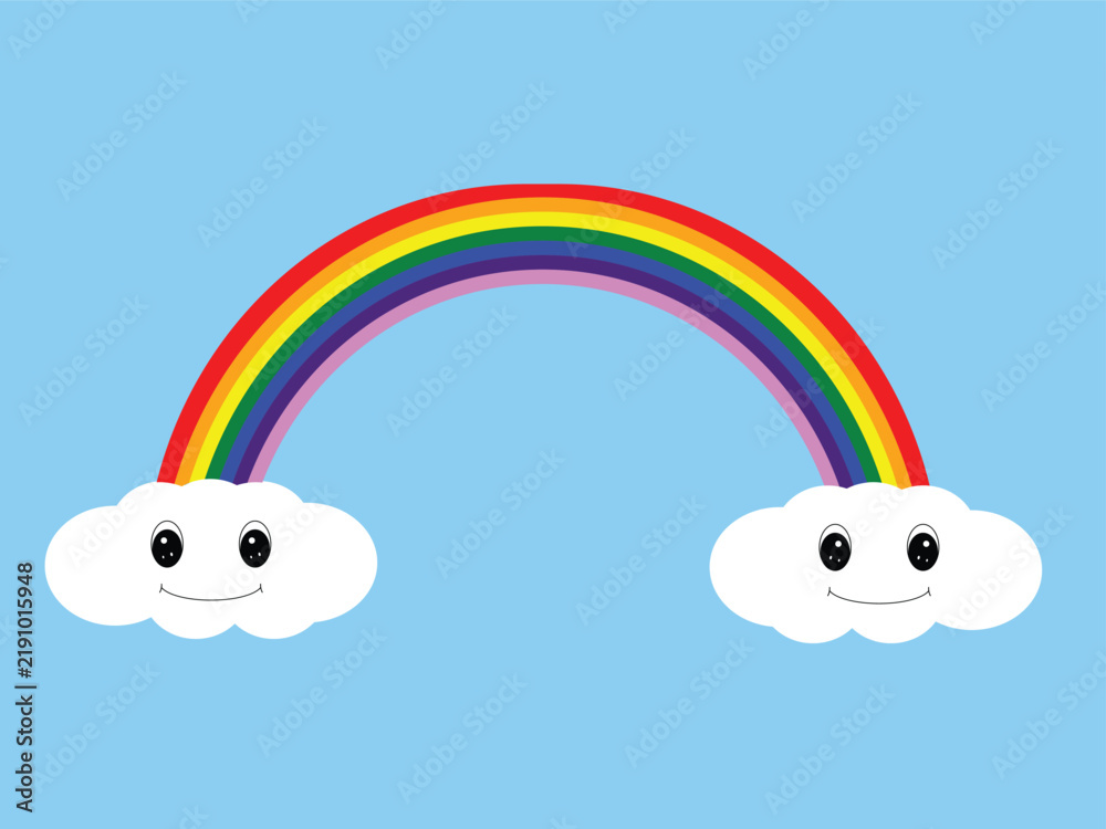 Obraz premium Cute colorful rainbow with smiling white clouds on a blue sky background, cheerful weather illustration for children, nursery, education, posters, cards, stickers, and happy seasonal graphic designs.