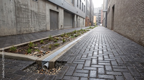 Stormwater Management Green Alley with Permeable Pavers, Linear Bioswale, Tree Canopy, Trench Drain, and Subsurface Infiltration Bed for Sustainable Dense Urban Neighborhood Renewal Design