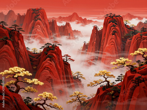 Fantasy landscape with red mountains and golden trees