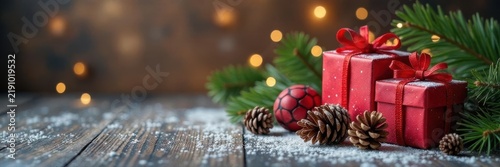 Warm winter background, presents & pine cones, free space , photo, gold, flat lay