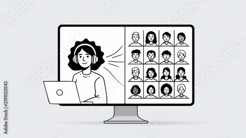 Illustration of a virtual meeting on a computer screen with one large participant and multiple smaller participants in a grid layout.