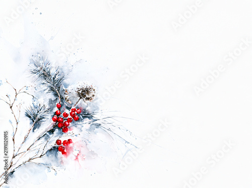 Winter botanical background with red berries and pine brunches and a lot of negative space for writing