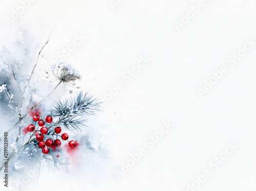 Winter botanical background with red berries and pine brunches and a lot of negative space for writing