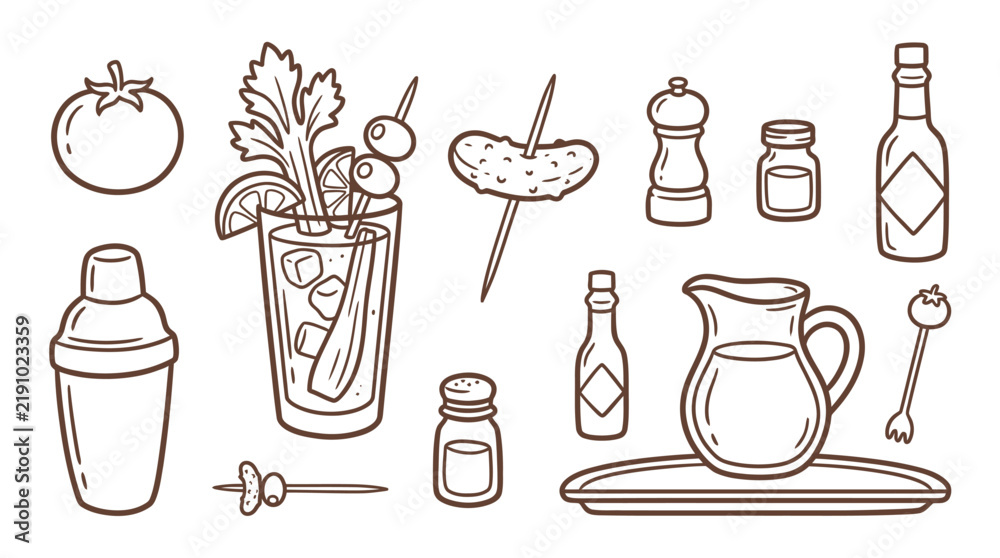Obraz premium A collection of hand-drawn illustrations of Bloody Mary cocktail ingredients and bar tools, including a tomato, celery, olives, a shaker, and various condiments.