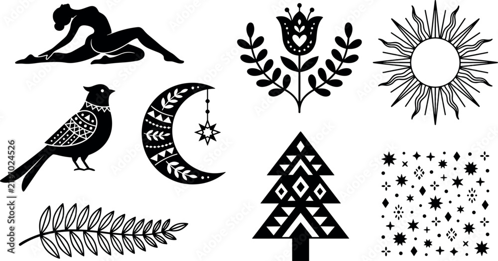 Fototapeta premium Botanical and Celestial Elements Set with a Stylized Figure