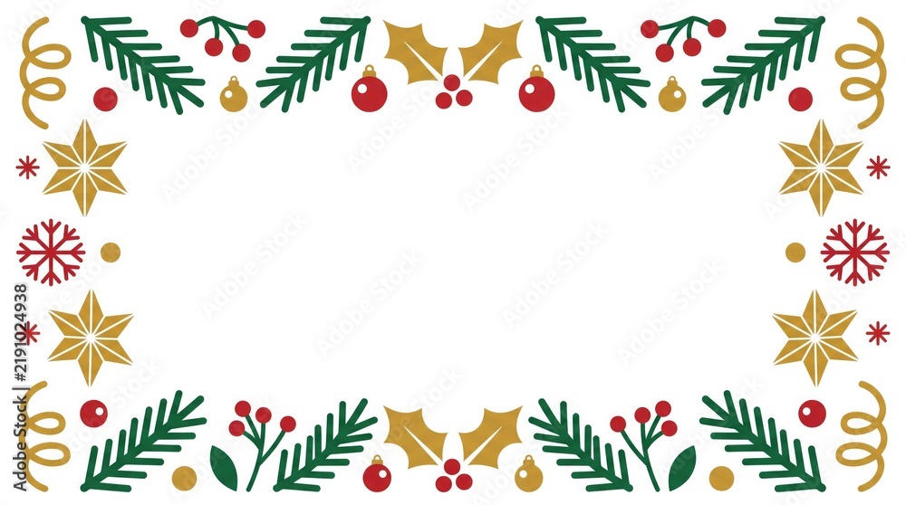 Fototapeta premium Christmas festive border with holly leaves, pine branches, stars, snowflakes and ornaments isolated on white background