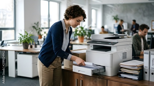 Female Office Worker Loading Paper Tray into Modern Photocopier Machine