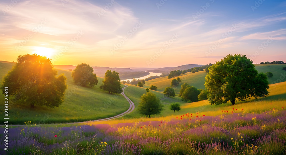 Obraz premium Beautiful rolling hills landscape with a winding dirt path and blooming lavender fields at golden hour sunset