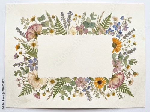 Floral frame made of delicate flowers and herbal leaves surrounds a blank central copy space.