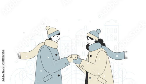Cozy winter illustration of a young man and woman in warm coats sharing a hot drink on a snowy city street.