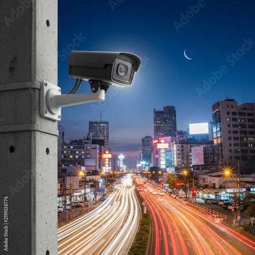 Nightfall Vigil: City Streaks Under a Watchful Eye