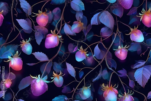 Fantasy strawberry garden pattern magical glowing berries enchanted vines dreamy ethereal atmosphere fairytale-inspired decorative art seamless pattern background
