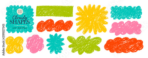 Colorful crayon cloud fluffy geometric shapes with rough dry texture. Doodle chalk texture text boxes and speech bubbles. Hand drawn abstract doodle cloud shapes with charcoal strokes.