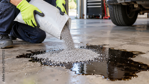 Mechanic Pouring Industrial Clay Absorbent Granules to Clean Up Motor Oil Spill on Auto Repair Workshop Floor