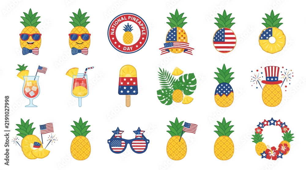 Fototapeta premium Patriotic Pineapple Vector Icon Set Featuring Festive Tropical Fruit Illustrations with National Holiday Decorations