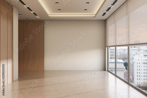 Empty Office Space with Panoramic City View Windows and Blank Feature Wall