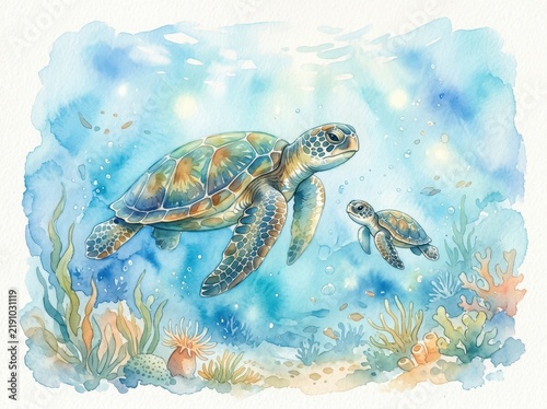 Sea turtles swim together through clear blue ocean water near underwater corals and marine vegetation.