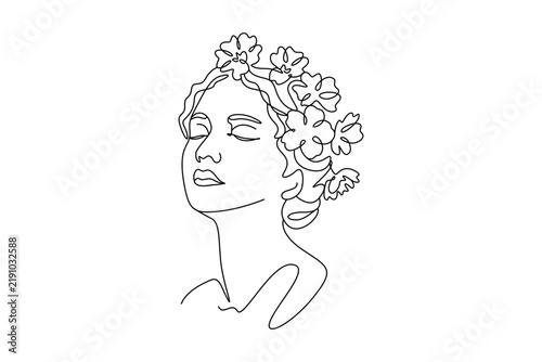 Woman face with flower crown continuous line art minimalist vector