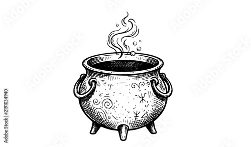 Fotografía Hand Drawn Witch Cauldron with Steam and Ornament Sketch Style Halloween Illustr