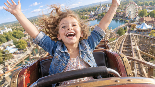 Joyful Little Girl Riding a Wooden Roller Coaster with Hands Up Having Fun at a Sunny Amusement Park Theme Park