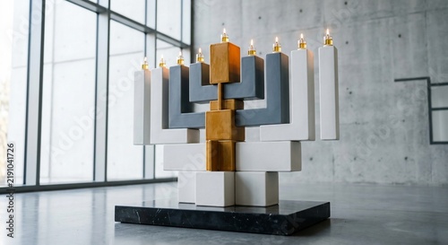 Modern ceramic menorah with glowing oil flames standing on a dark stone base inside a bright architectural room