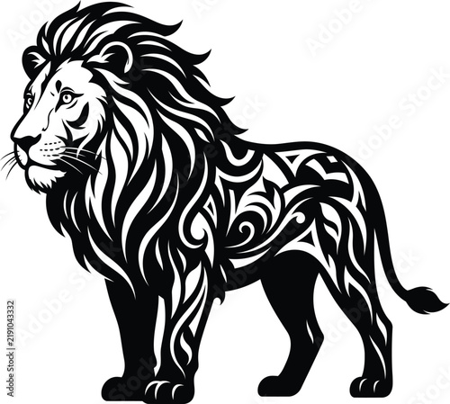 Majestic Standing Lion Full Body Vector Illustration, Tribal Lion Tattoo Art and Logo Design isolated on White Background