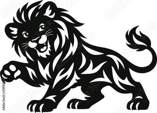 Cute Lion Cub Mascot Vector Illustration, Black and White Playful Tribal Lion Logo
