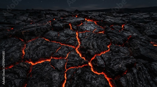Glowing lava cracks in black volcanic rock surface
