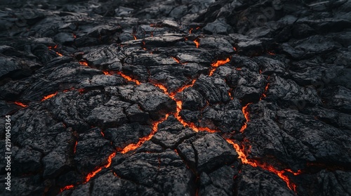 Molten lava flowing through black volcanic rock