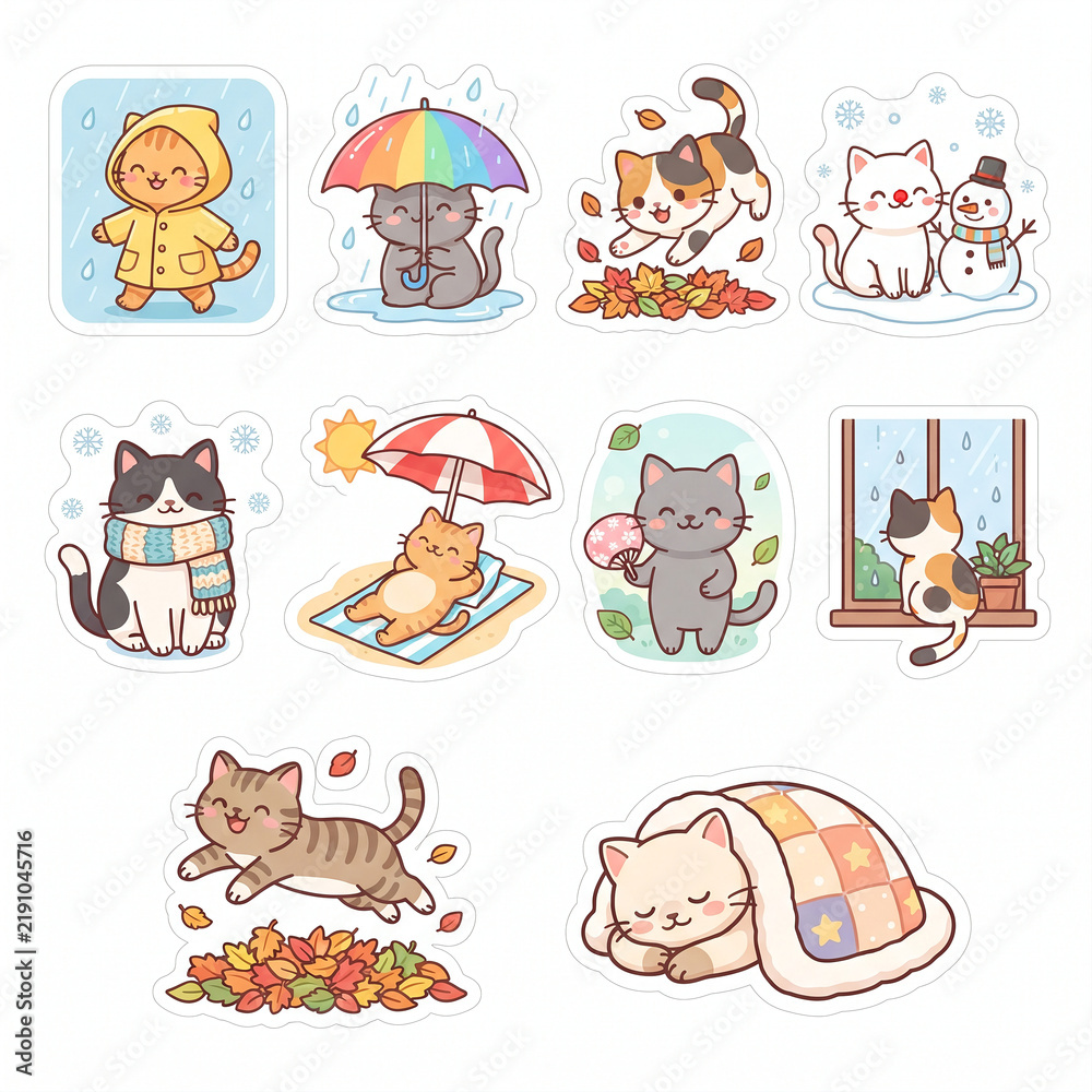 Obraz premium Cute Kawaii Cat Sticker Sheet Vector Set with Four Seasons and Weather Elements Isolated on White Background