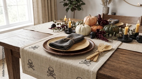 Obraz na płótnie Halloween dining table setting with decorative pumpkins taper candles and skull