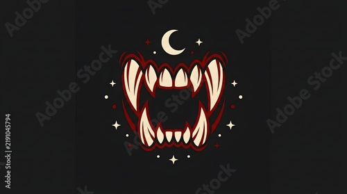 Monstrous sharp teeth with crescent moon and stars occult art