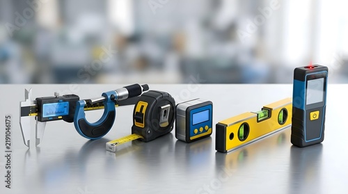 Precision measuring tools arranged neatly on a workbench in a workshop