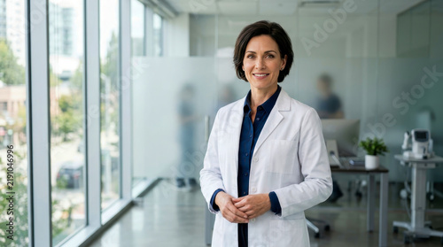 Confident female doctor standing in modern hospital clinic hallway