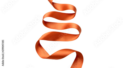Shiny orange satin ribbon curled in a vertical spiral on white background.