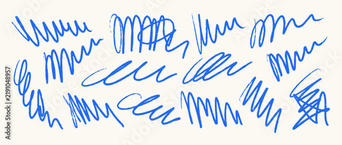 Blue brush stroke scribbles collection. Hand drawn pen scrawl doodle set. Textured rough pencil crayon squiggle pack. Messy charcoal sketched swirls bundle. Bold ballpoint curly marks. Vector