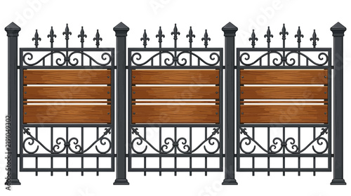 Ornate Metal Fence with Wooden Sign Panels, Decorative Wrought Iron Border, Isolated