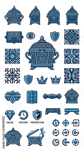 Ornate Treasure Chests, Decorative Elements, Patterns, Shields, Crowns, Lock, Hinges, Handle, Diamond, Icons - Isolated on Transparent Background