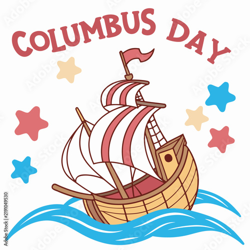 Columbus Day Vintage Sailing Ship Vector Illustration in Badge Style