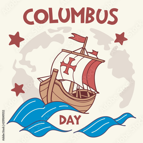 Columbus Day Vintage Sailing Ship Vector Illustration in Badge Style