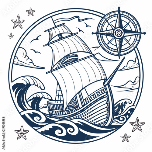 Columbus Day Vintage Sailing Ship Vector Illustration in Badge Style
