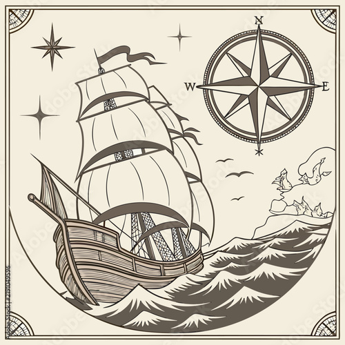 Columbus Day Vintage Sailing Ship Vector Illustration in Badge Style