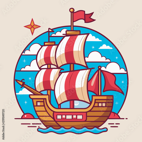 Columbus Day Vintage Sailing Ship Vector Illustration in Badge Style